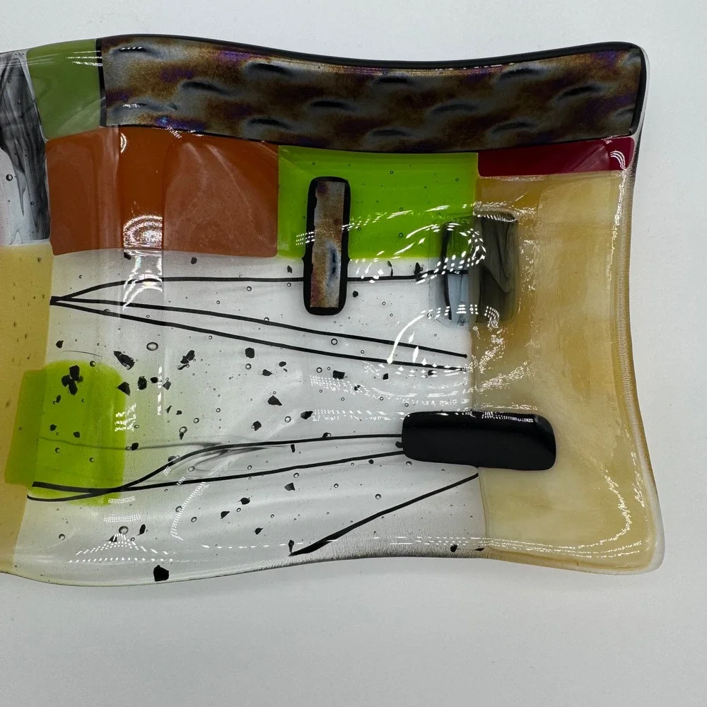 Lauren Goldfield '92 Fused Art Glass Tray Plate Colorful Abstract Design Devided